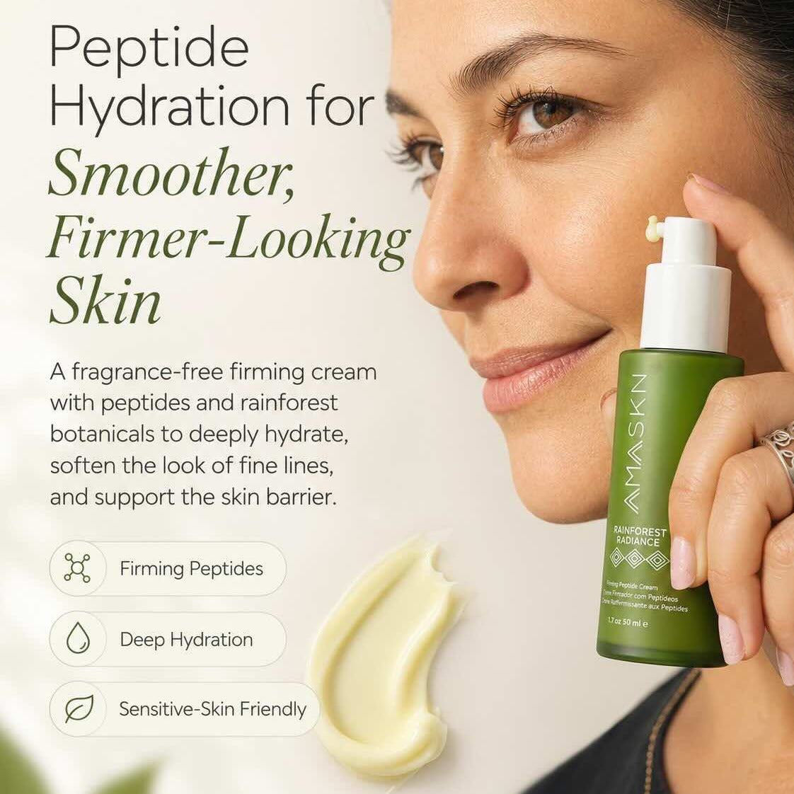 Woman holding a bottle of AMASKN skincare product with text about peptide hydration.